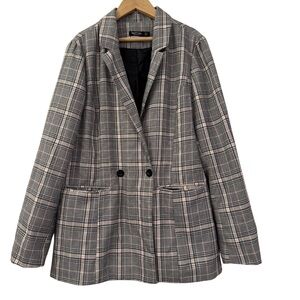 Nasty Gal Womens Plaid Double Breasted Blazer Jacket Gray Pink, Size US 8 Career